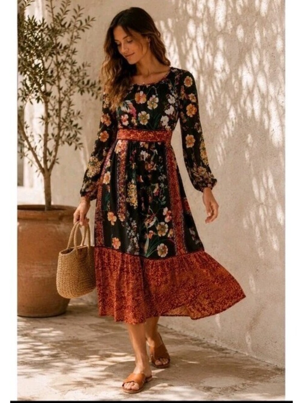 Anthropologie Adair Velvet-Trimmed Midi Dress size6 Florals Airy Flowy Patchwork
